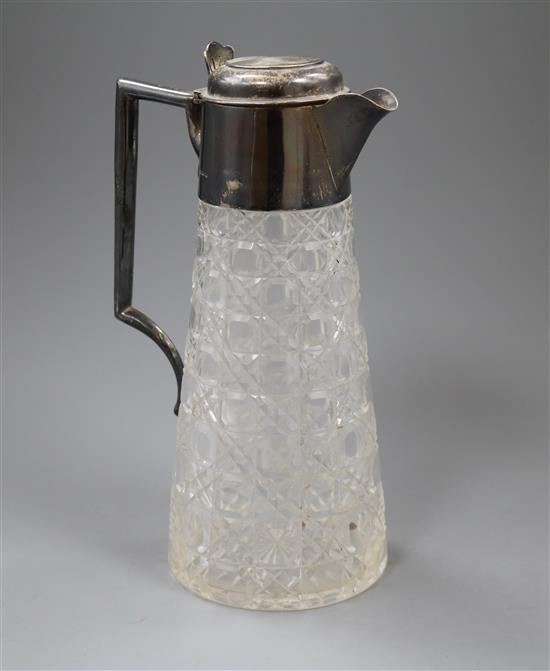 An Edwardian silver mounted hobnail cut glass claret jug, William Hutton & Sons, Birmingham, 1908, 25.8cm.